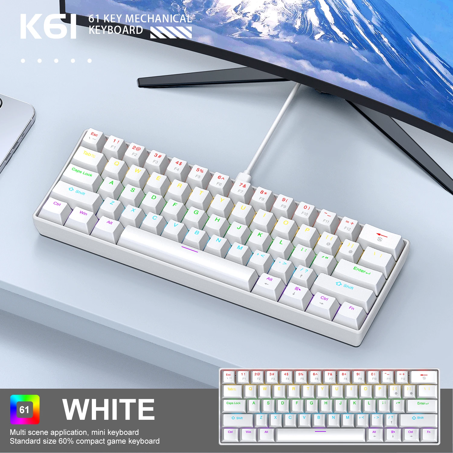 

60% Portable Wired Mini Mechanical Keyboard, APAYADO K61 Mini Keyboard Wired,61 Keys Phantom RGB,Black,White,Red,Red/Blue Switch