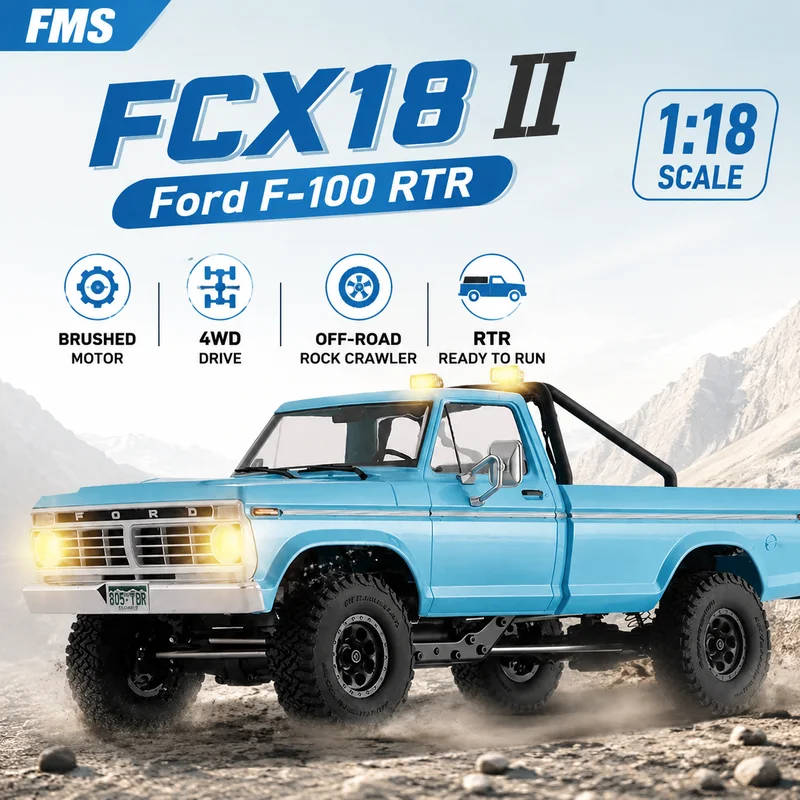 FMS FCX18 II 1：18 Ford F 100 RTR Brushed 4WD RC Pickup Truck Simulation Off Road Rock Crawler Remote Control Hobby Vehicle