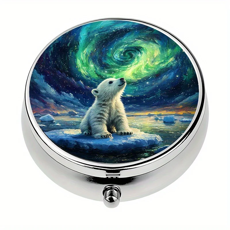 1-piece pill box, 3-compartment polar bear galaxy theme, mini pill case, medication storage box, travel-friendly unique gift