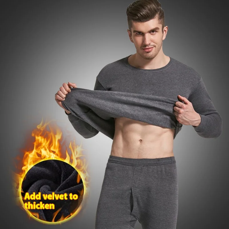 Thermal Underwear Plus Size Men Solid Color Fleece Thickened Pullover Autumn Clothes and Autumn Pants Two-Piece Set Winter