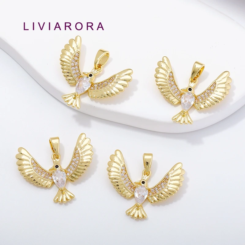 2Pcs 18K Gold Plated Metal Eagle Phoenix Dove Bird Pendant Brass With Zircon Swan Wing Animal Charms For Jewelry Necklace Making - view 5