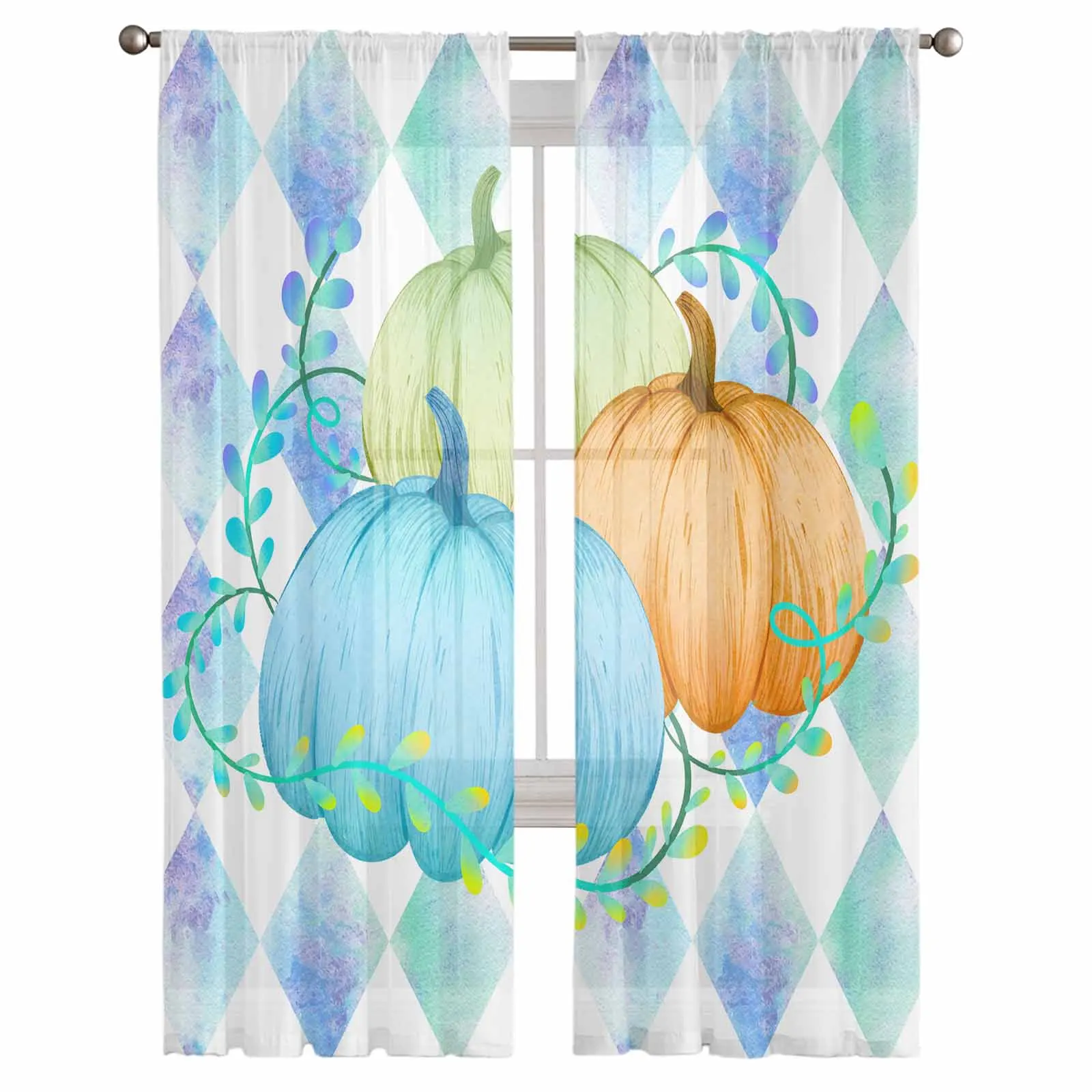 Thanksgiving Pumpkin Plant Vine Man Diamond Grid Curtains For Living Room Tulle Window Curtain Bedroom Kitchen Veil Drapes