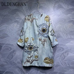 DLDENGHAN Beading Jacquard Coat For Women O-Neck Long Sleeves Covered Button Vintage Outerwear Autumn Winter New