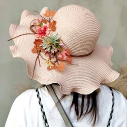 Summer Women Straw Hat with Flowers Wide Brim Wavy Brim Straw Hat Panama Hats Female Lady Outdoor Foldable Beach Sun Cap