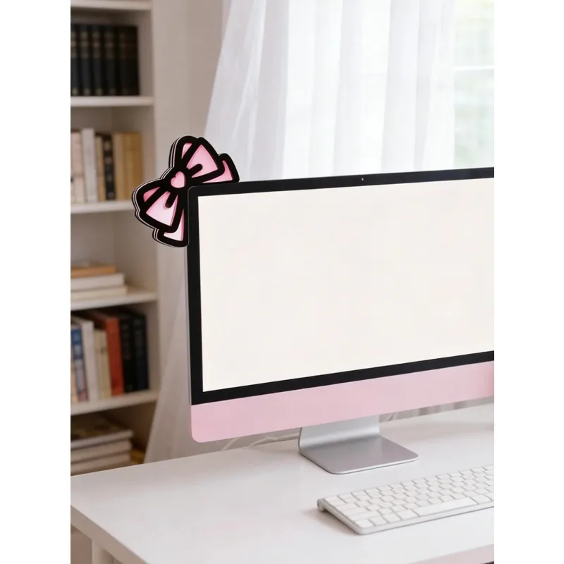 Cute Pink Bow Cat Ear Computer Monitor Decor, Kawaii PC Laptop Ornament, Room Desk Decoration for Girls Gift
