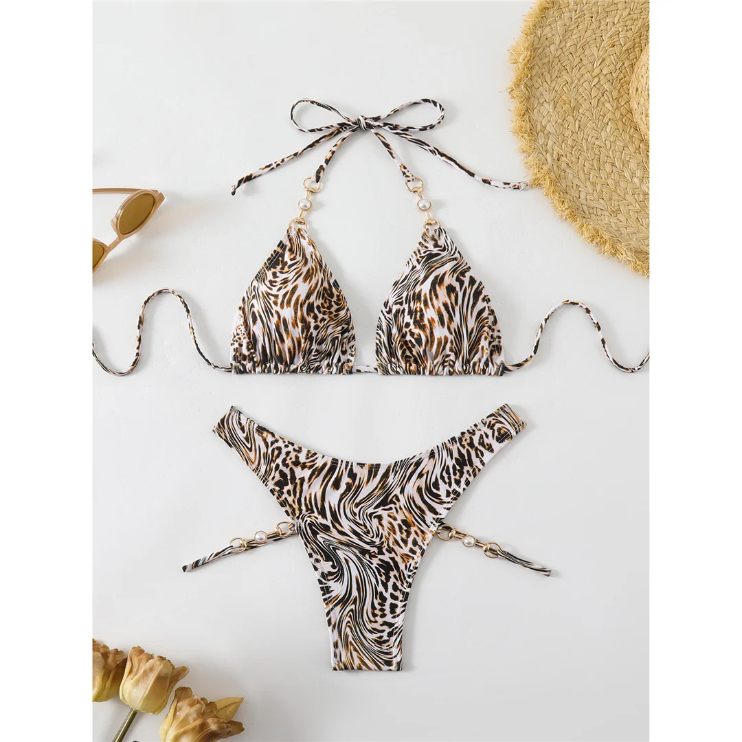 Leopard-Halter-Bikini mit hohem Beinausschnitt und Schmucksteinen, zweiteiliger Bikini-Set, Damen-Badeanzug, Badebekleidung, Badeanzug, Schwimmbekleidung V6499 – Detail 10