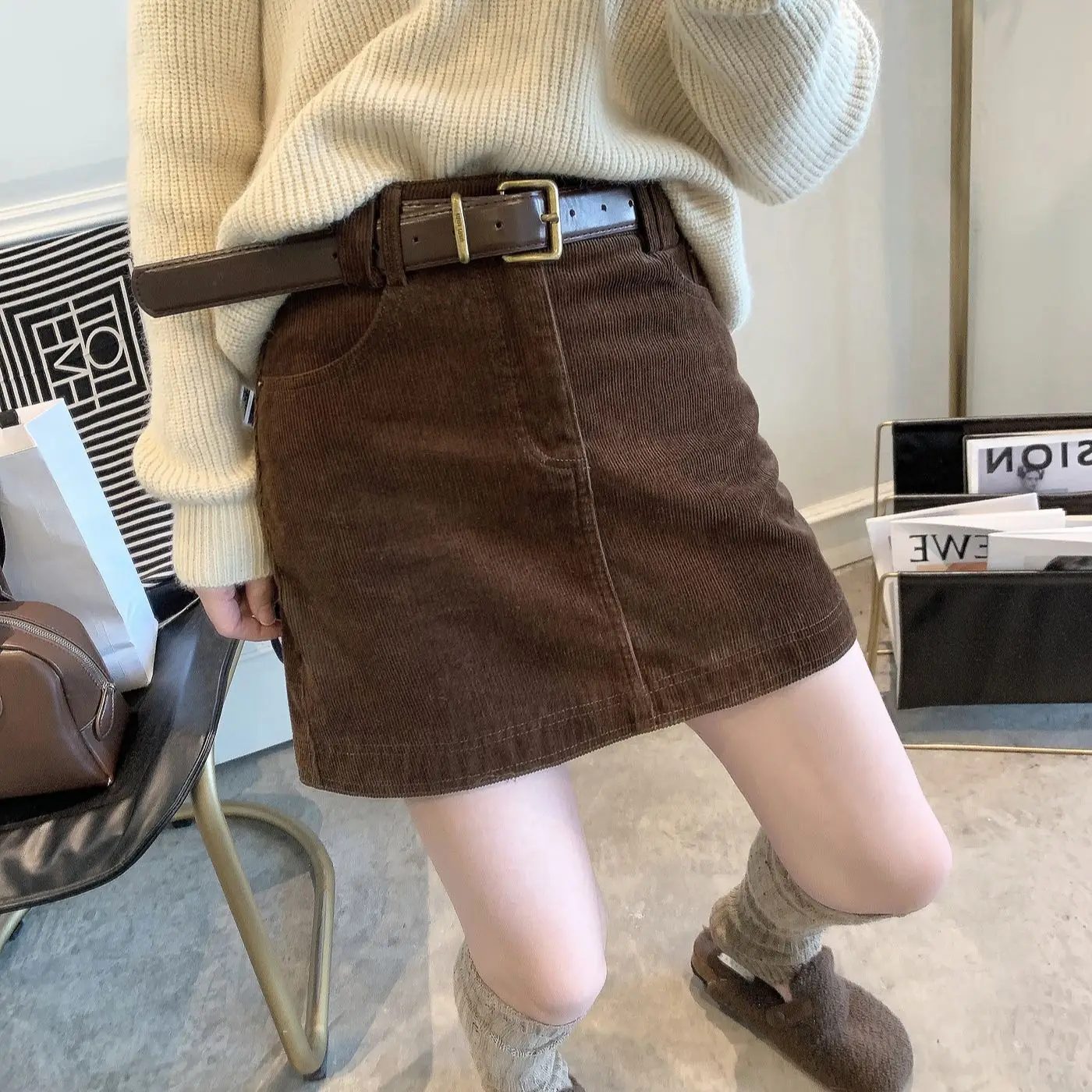 

Brown Corduroy High Waisted Slimming Midi Skirt For Women Spring Autumn A-Line Bodycon Short Skirts