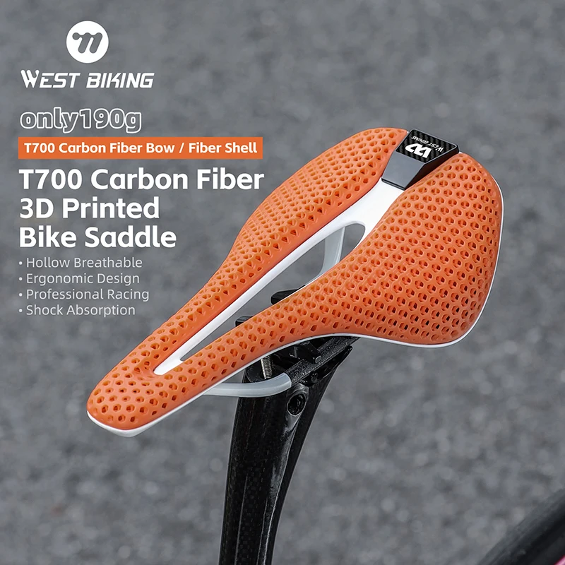 WEST BIKING Full T700 Carbon Fiber White Bicycle Saddle 3D Printed Zoned Shock Absorbing Honeycomb Resin Seat Racing Bike Saddle