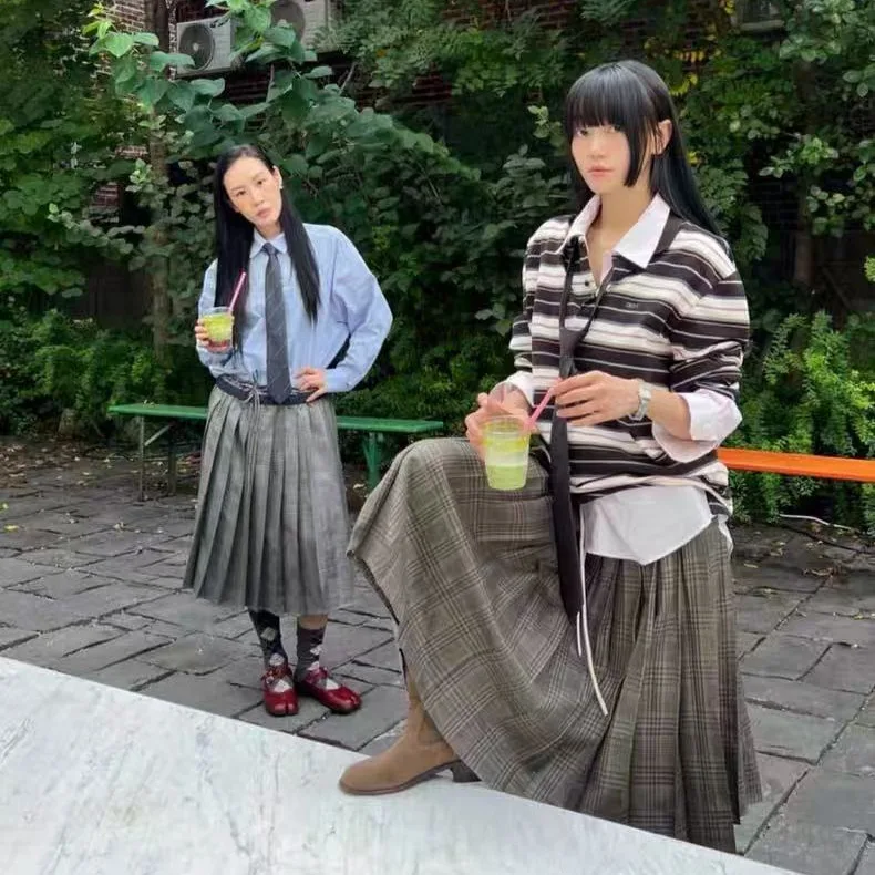 VE LOVE 뉴 컬리지 슬레프 스커트, 끈 조임식 허리밴드, 컬러 블록 체크 무늬 빈티지 캐주얼 여성 스커트