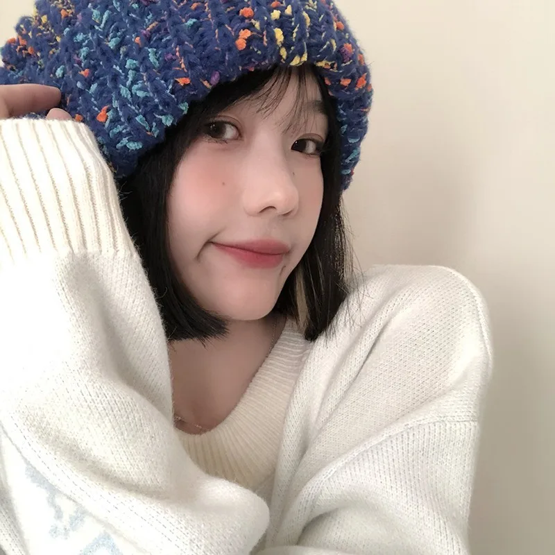 العصرية مختلط اللون مترهل قبعة للنساء الخريف الشتاء الكلاسيكية Coldproof الدافئة قبعة الجمجمة سميكة قبعات متماسكة MZr05 #5