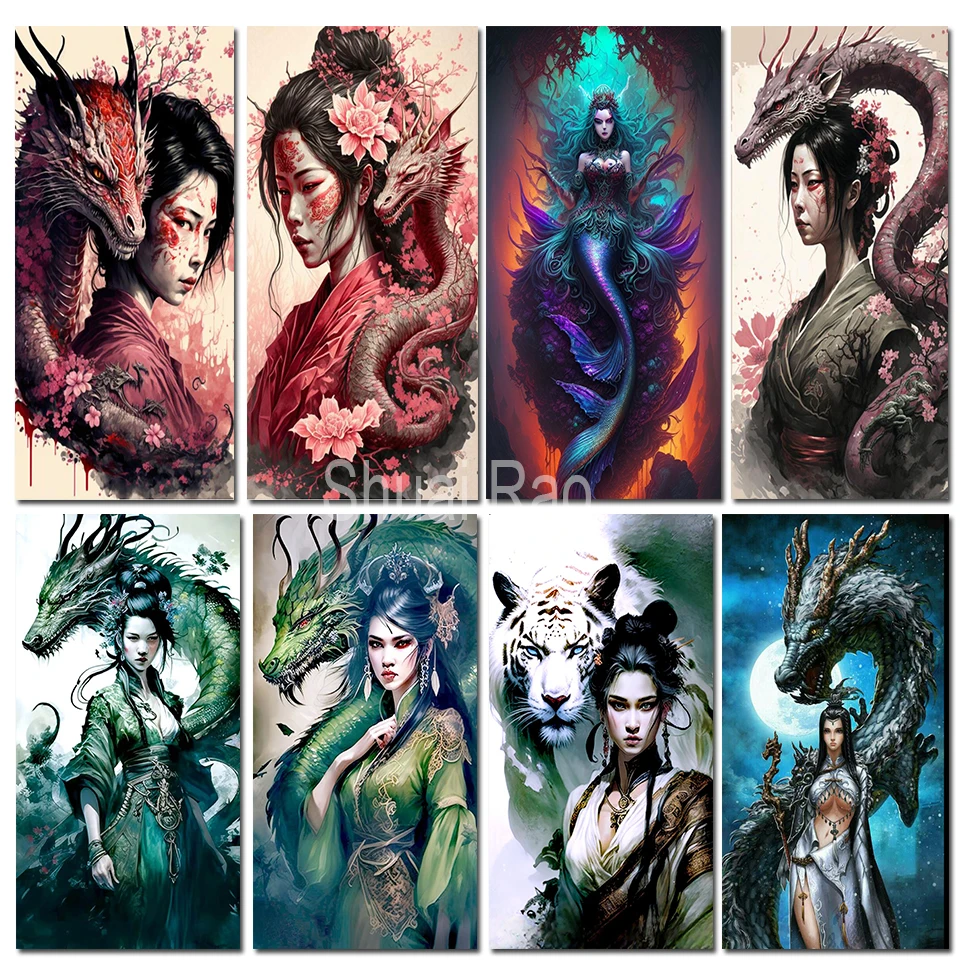 5D Diamond Painting Japanese Geisha Gothic Dragon And Woman Full Diamond Embroidery New Portraits Cross Stitch Kits Rhinestones