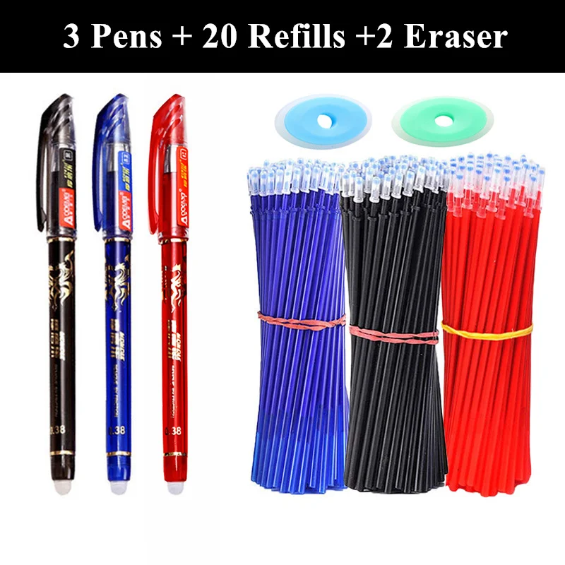 

3 Erasable Gel Pens 20 Pen Refills 2 Eraser Reusable Writing Drawing Sketch Pens with Refill for Students Office School Supplies