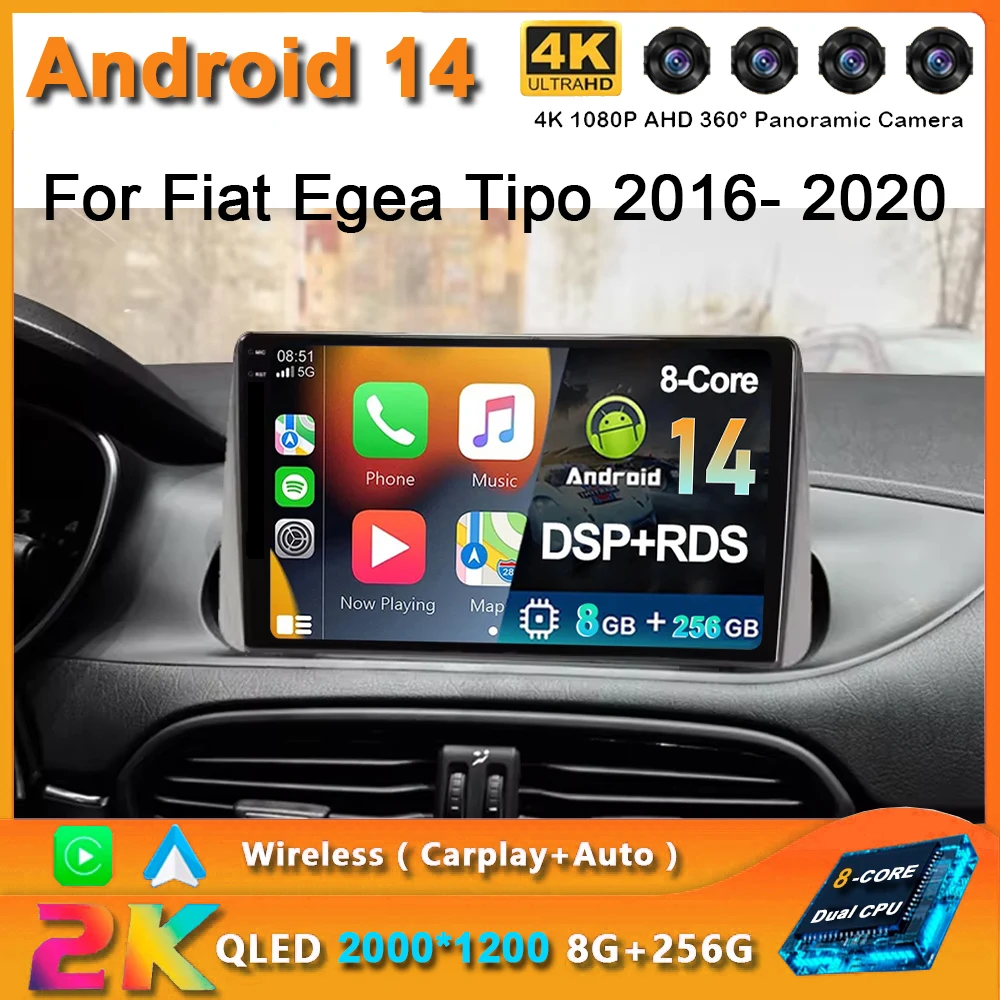 

For Fiat Egea Tipo 2016- 2020 2K QLED Android 14 Car Radio Multimedia Video Player GPS AI Voice CarPlay Head Unit 4G Stereo