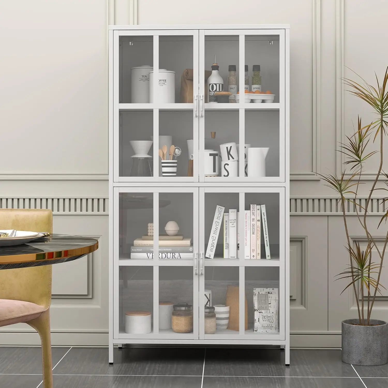Metal Storage Cabinet with Tempered Glass Doors and Adjustable Shelves, Anti-Tipping Device/Magnetic Silent Closure