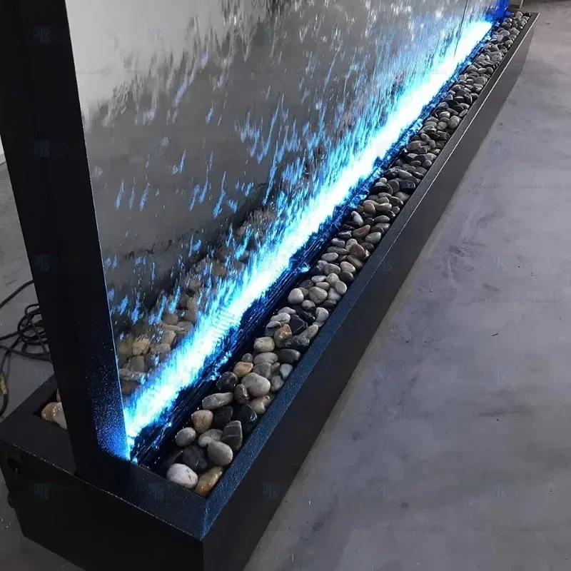 【2026】نافورة جدارية زجاجية كبيرة الحجم مع ميزات شلالات مياه داخلية من الفولاذ المقاوم للصدأ مطلية بالمسحوق لتزيين المنزل