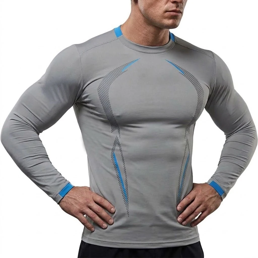Herren-Langarmshirt, schnelltrocknend, sportlich, für Fitnessstudio, Workout, eng anliegend, schmal geschnitten, atmungsaktiv, für Bodybuilding und Sport. – Detail 12