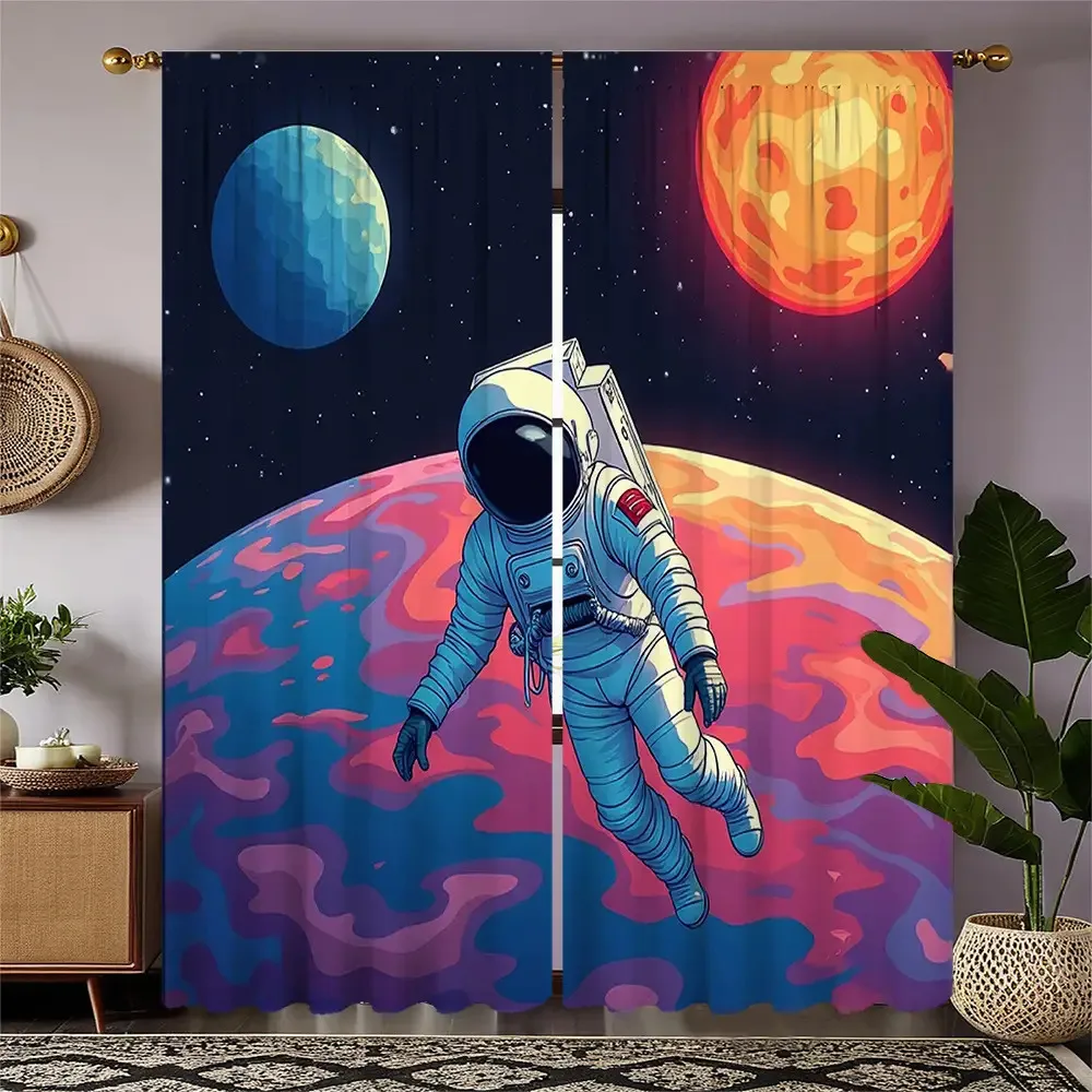 

2pcs Space Astronomy Curtain Panels - Astronaut Floating in Cosmic Scene with Planets & Sun, Semi-Sheer Window Drapes for Living