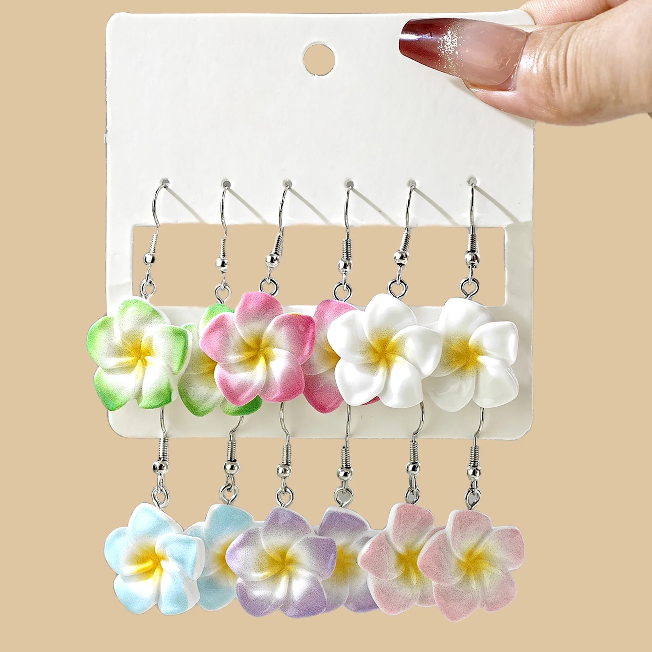 12pcs Cross Border Minimalist Bohemian Style Gradient Color Plumeria Resin Flower Earrings Set For Women