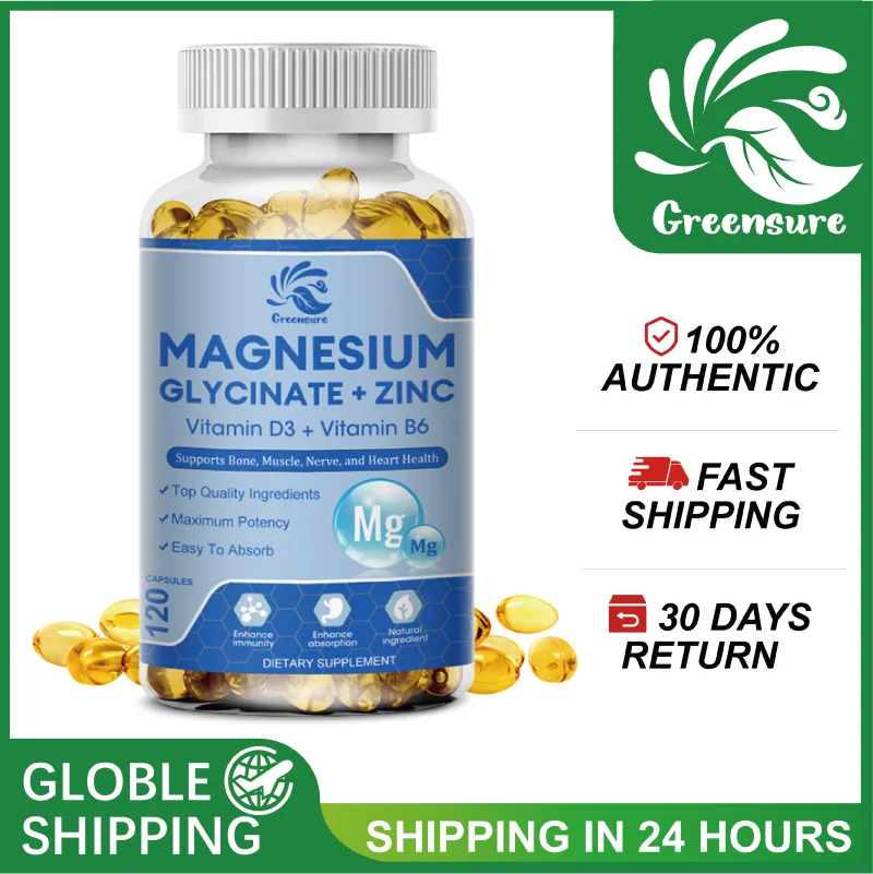 60/120 Pcs Magnesium Glycine Capsules 500mg Dietary Supplement with Zinc,Vitamin D3 B6 Non-GMO Veggie Capsules