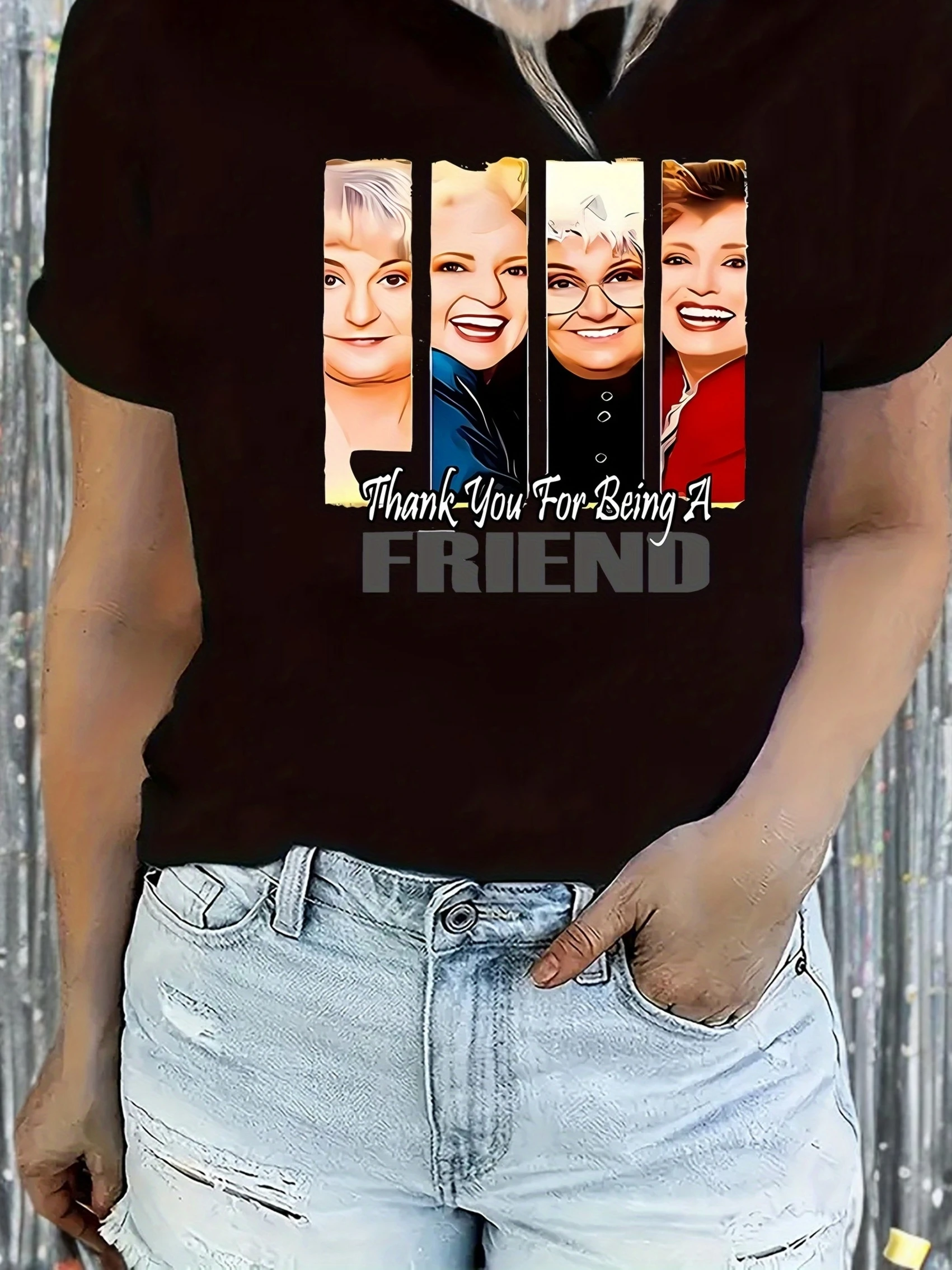 

Women's Casual Short Sleeve T-Shirt with Thank You for Being A Friend Graphic 3 Women Portraits Black Round Neck Summer Top
