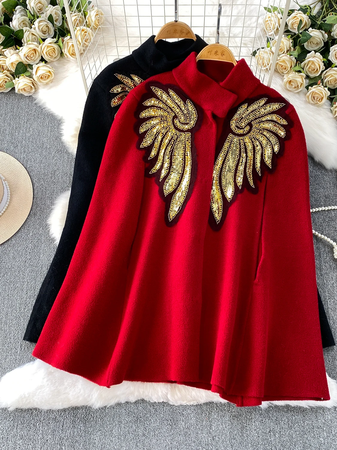 

Женское шерстяное пальто с тяжелой вышивкой из бисера и воротником-стойкой, высококачественный капюшон Ne awl, свободный крой для поездок на работу