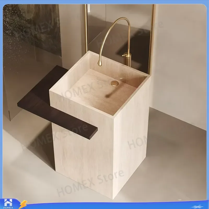 Modern Luxury Limestone Freestanding Square Sink Single Hole Washbasin with Golden Faucet for Hotel Bathroom Vanity Basin
