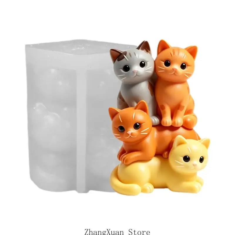 3D-Kerzenform aus Silikon mit vier geformten Katzen, Schichtdetail, flexibel, leicht zu lösen für duftendes Bastelprojekt 3XUF – Detail 8