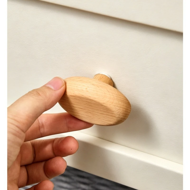 Solid Wood Pebble Shape Cabinet Knob, Creative Wooden Drawer Pull Handle for Wardrobe Cupboard