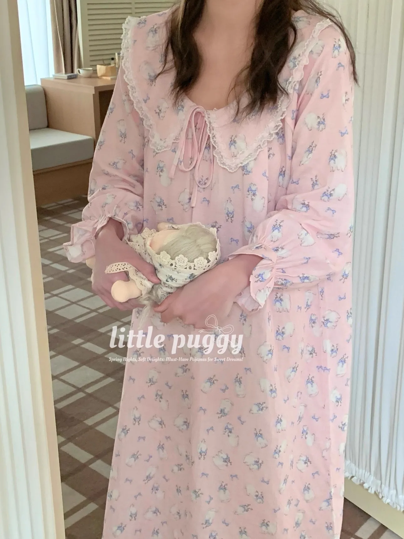 

Cotton gauze pajama dress with long sleeves for spring, summer, autumn, and winter home wear