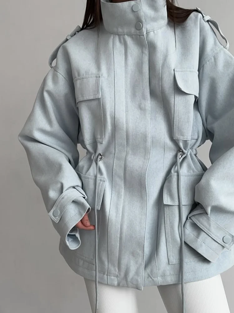 2026 Spring Women Coat Belt Tunic Pockets Long Sleeve Stand Collar Female Office Jacket Solid Ladies Casual Streetwear Commute