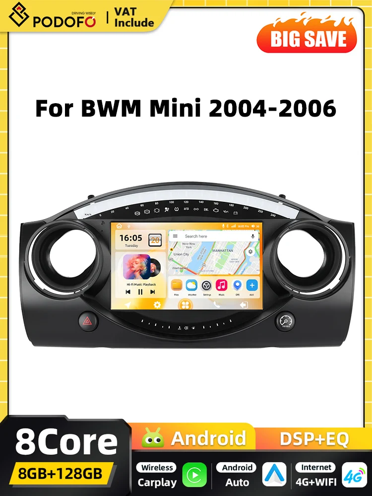 Podofo 8 Core Wireless Carplay 2 din Android Auto Autoradio für BWM Mini 2004-2006 Snapdragon GPS Navigation DSP WIFI FM RDS BT