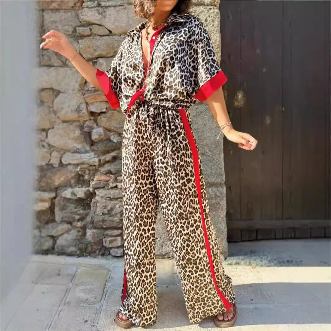 

Women Two-piece Spring Summer Leopard Print Casual Set Single Breasted Lapel Shirt&Wide Leg Pant Outfit Short-sleeved Loose Suit