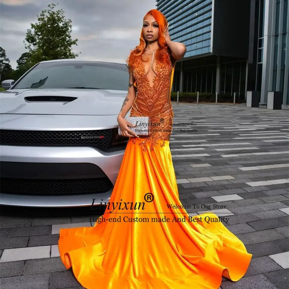 Luxury Glitter Orange Prom Dress For Black Girls Sequin Crystal Beading Formal Evening Party Gowns Robe De Soiree Birthday Gown