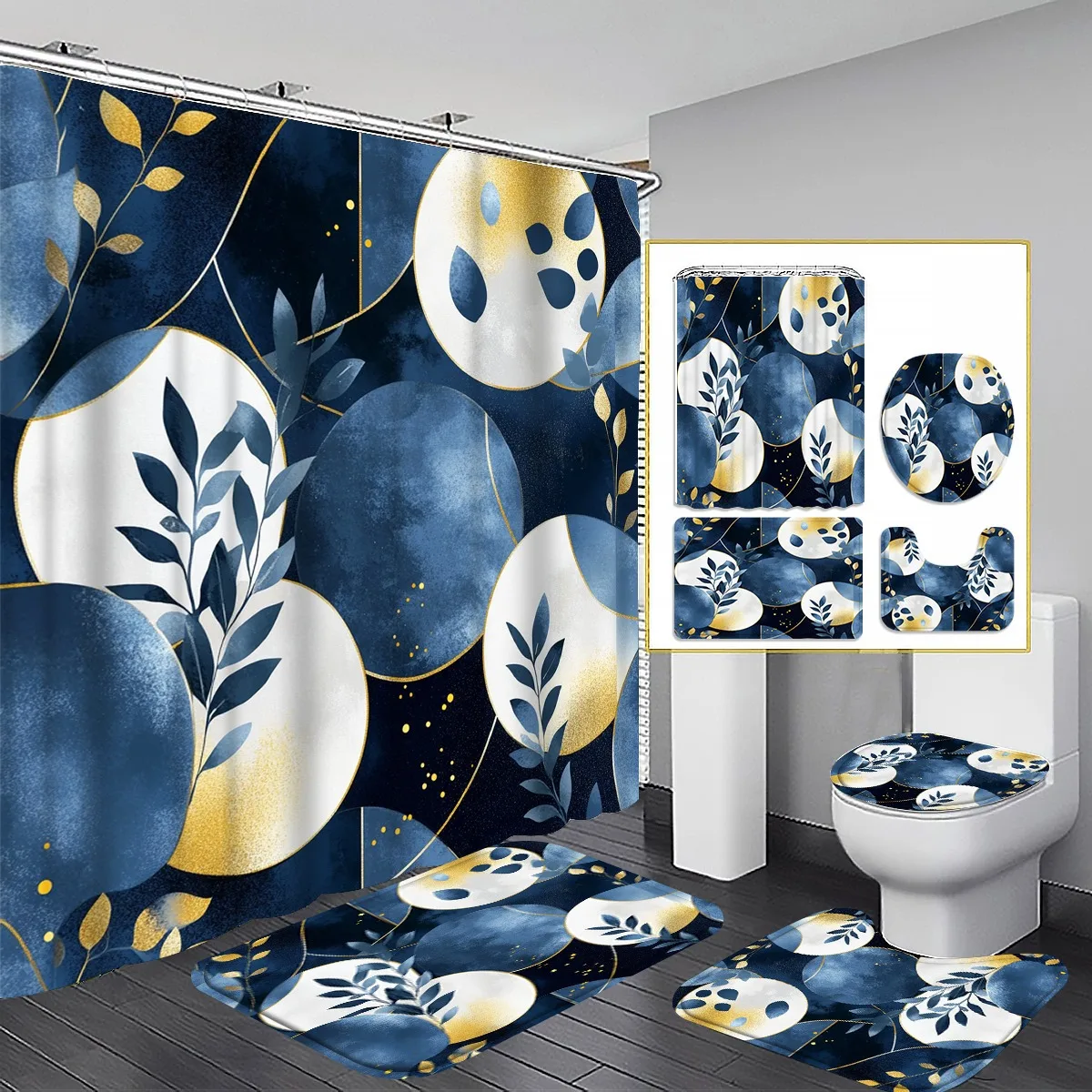 

4pc Moon-patterned bathroom set includes shower curtain with hooks, non-slip mat, toilet seat, and non-slip pad.