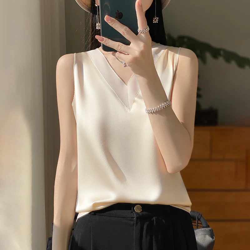 2024 Faux Silk Thin Short Sleeve Tees All-Match Basic T-Shirt Slip Woman Summer Clothes Elegant Tops Solid Loose Casual Fashion