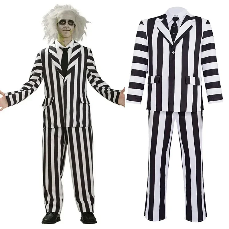 

FC6Michael Keaton cosplay Costume Men Black and White Striped Suit Jacket Shirt Pants Outfits Halloween Carnival@FC8！