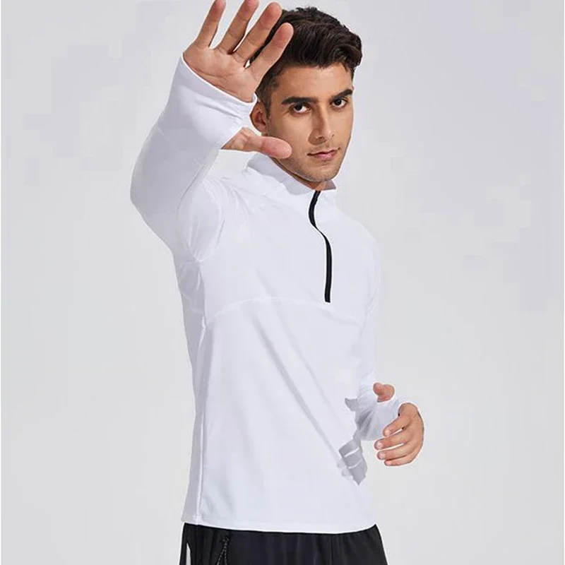 Men Quick Dry Breathable Running Shirt Bodybuilding Sport T-shirt Long Sleeve Zipper Stand Collar Gym Fitness Jogging Top
