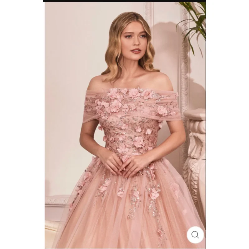

Custom Gentle Sweet Pink Evening Dress with One Shoulder Short Sleeve Embroidered Yarn and sequins Embroidered Evening Dresses