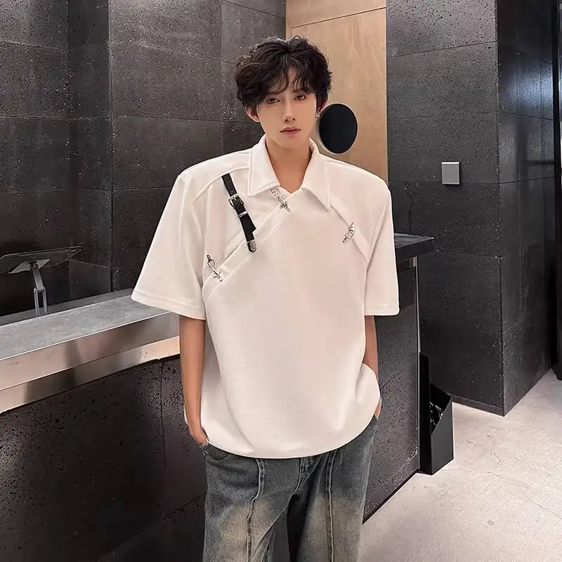 WTHT trendy men's metal button bandage design loose t-shirts fashion 2026 summer high street lapel casual tops male 2A2946