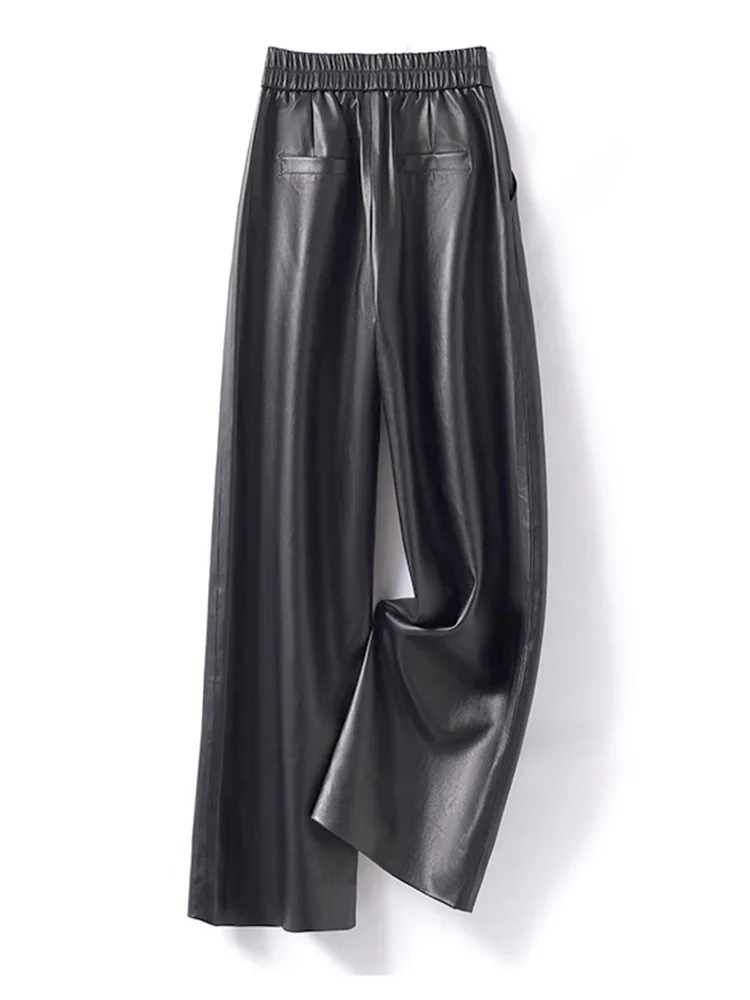 أسود حقيقية بنطال جلدي النساء جلد الغنم مستقيم السراويل ربيع الخريف عالية حزام خصر فضفاض الجلد الحقيقي بناطيل كاجوال