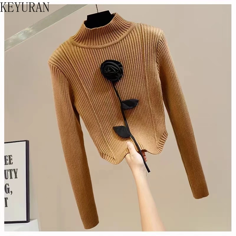 Irregular Sweet Three-dimensional Flower Sweater Women 2023 Autumn Fashion High Neck Long Sleeve Slim Fitting Short Knitted Tops