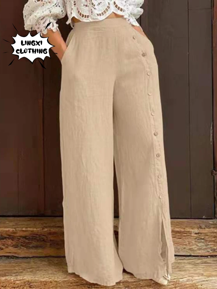2023 Autumn Fashion Women\'s Wide Leg Pants Large Size Loose Cotton Hemp Split High Waist Cotton Hemp Sports Women\'s Pants