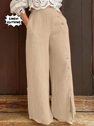 2023 Autumn Fashion Women's Wide Leg Pants Large Size Loose Cotton Hemp Split High Waist Cotton Hemp Sports Women's Pants