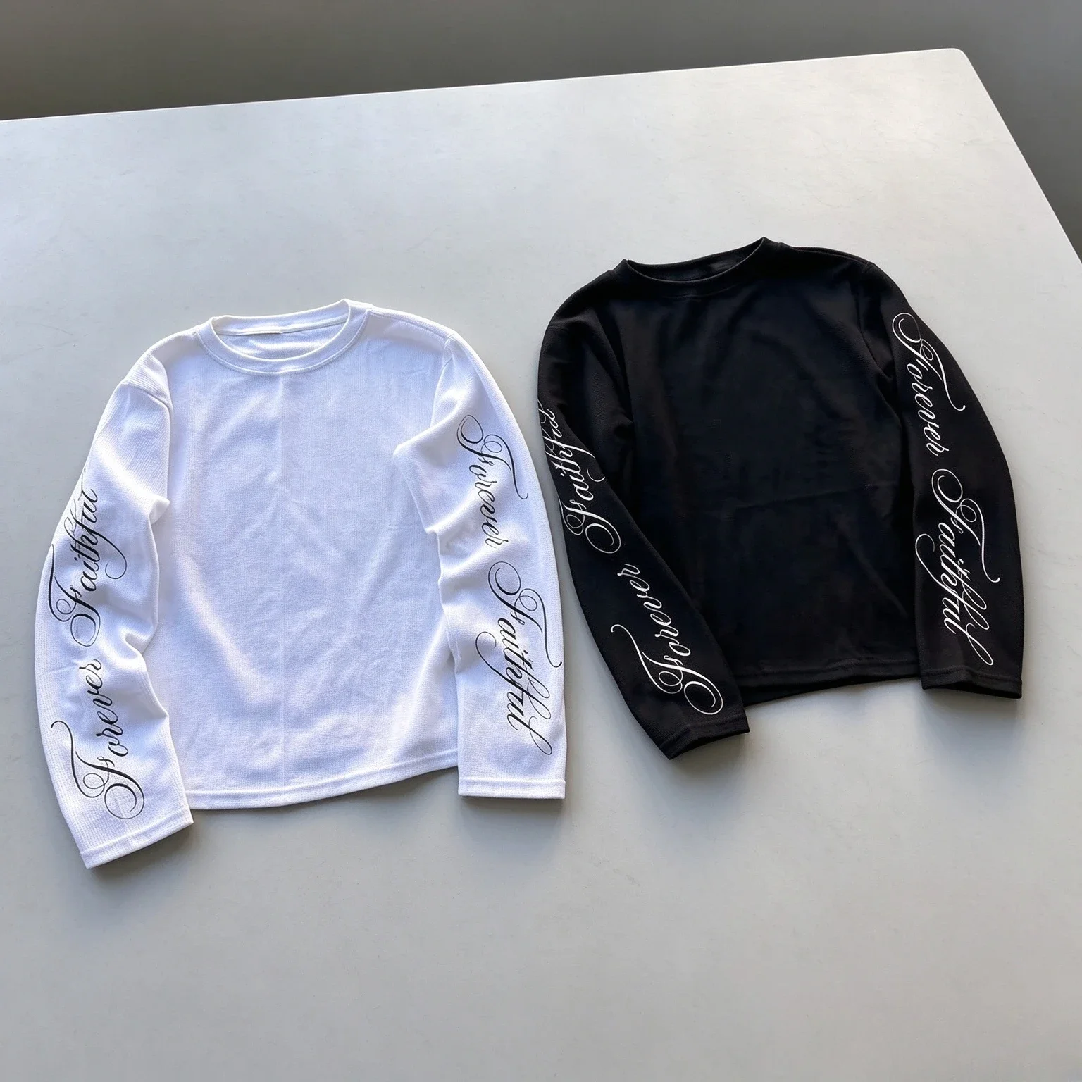 Forever Faithful Letter Print Long Sleeve T-shirt Men Women Crew Neck Slim Fit Y2K Streetwear Casual Tee Top Polyester