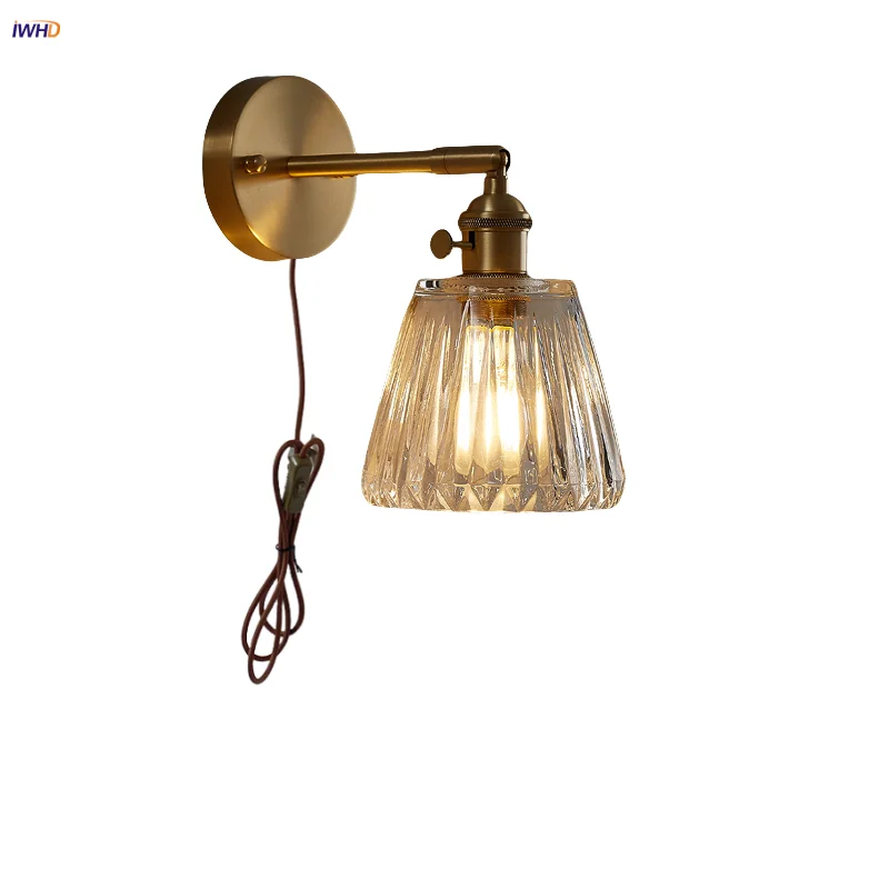 

IWHD Up Down Rotate LED Wall Lights Study Cafe Nordic Modern Simple Clear Glass Copper Knob Switch Plug In Bedside Lmap Lighting