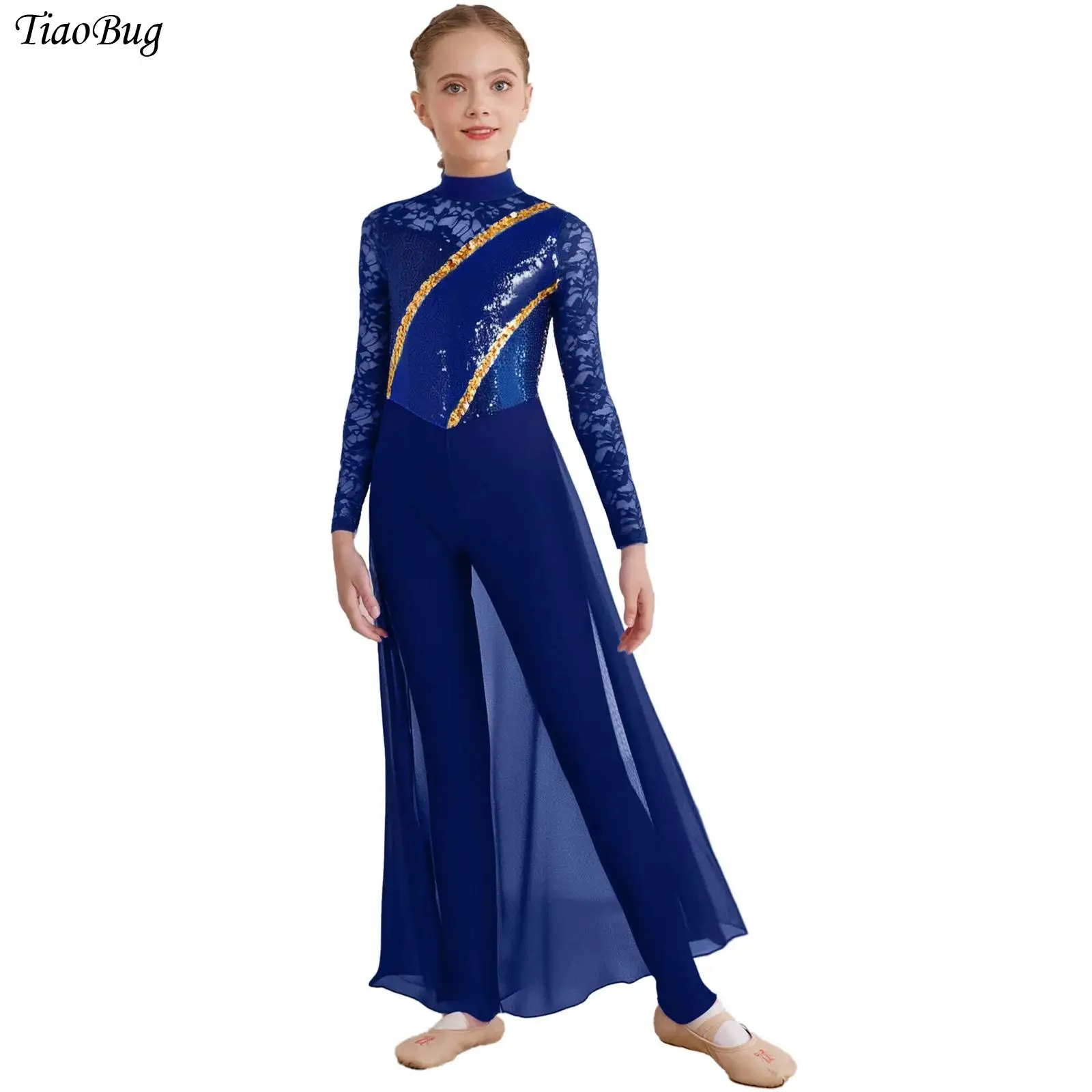 

Kids Girls Sheer Floral Lace Leotard Dress Gymnastics Figure Skating Jumpsuit Long Sleeve Sequin Chiffon Skirted Tank Unitards