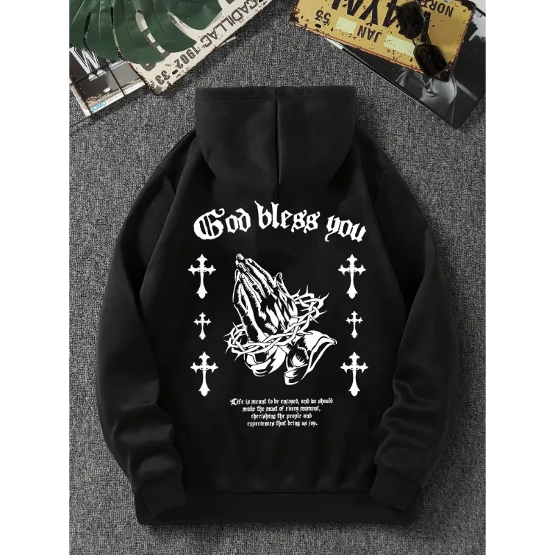 European and American men's new Gothic cross print soft and elastic comfortable hooded sweatshirt outdoor high street clothing