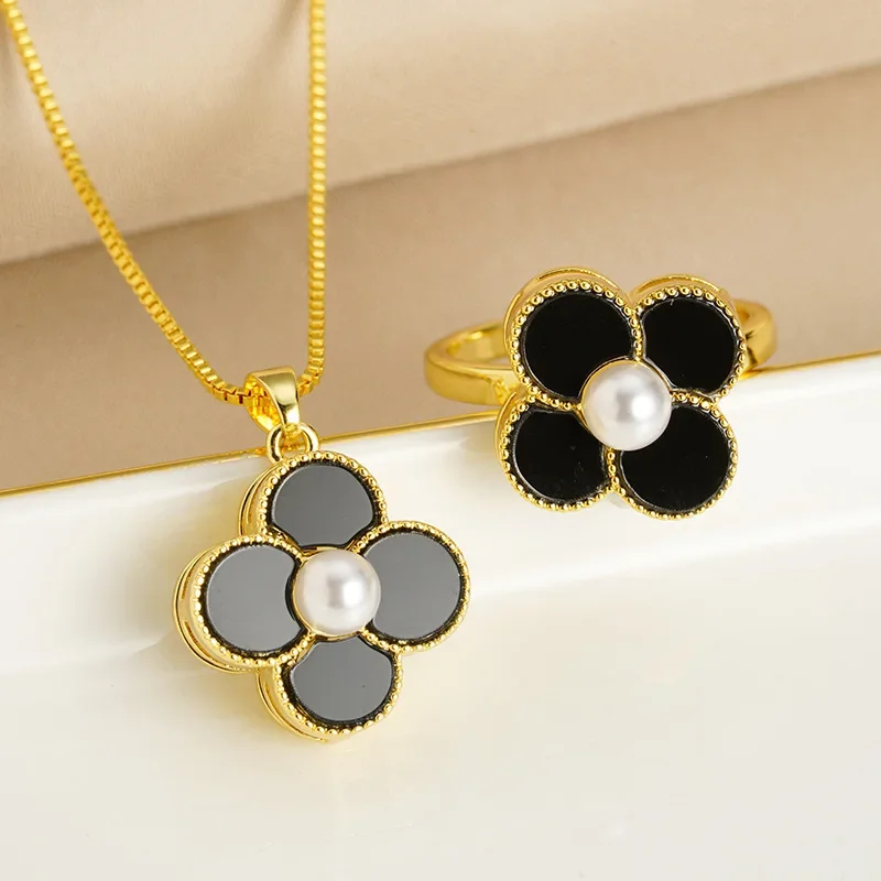 Four Leaf Clover Pearl 14 K Gold Color Women's Simple Necklace Set for Women's Luxury Elegant Ring Necklace Fine Jewelry Gifts