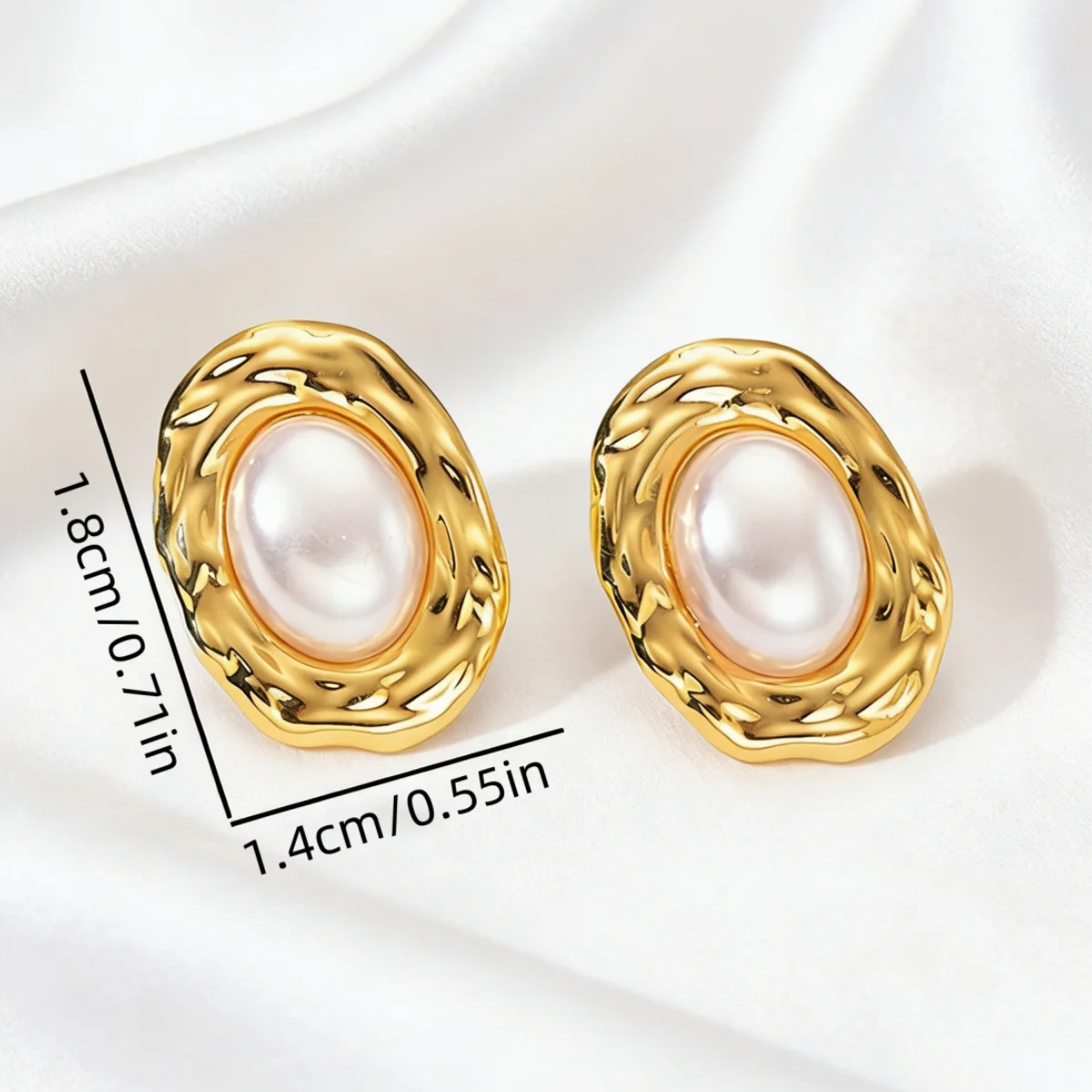 Luxury Gold Color Oval Pearl Stud Earrings Women Irregular Hammered Frame Imitation Pearl Earrings Everyday & Office Wear Gift
