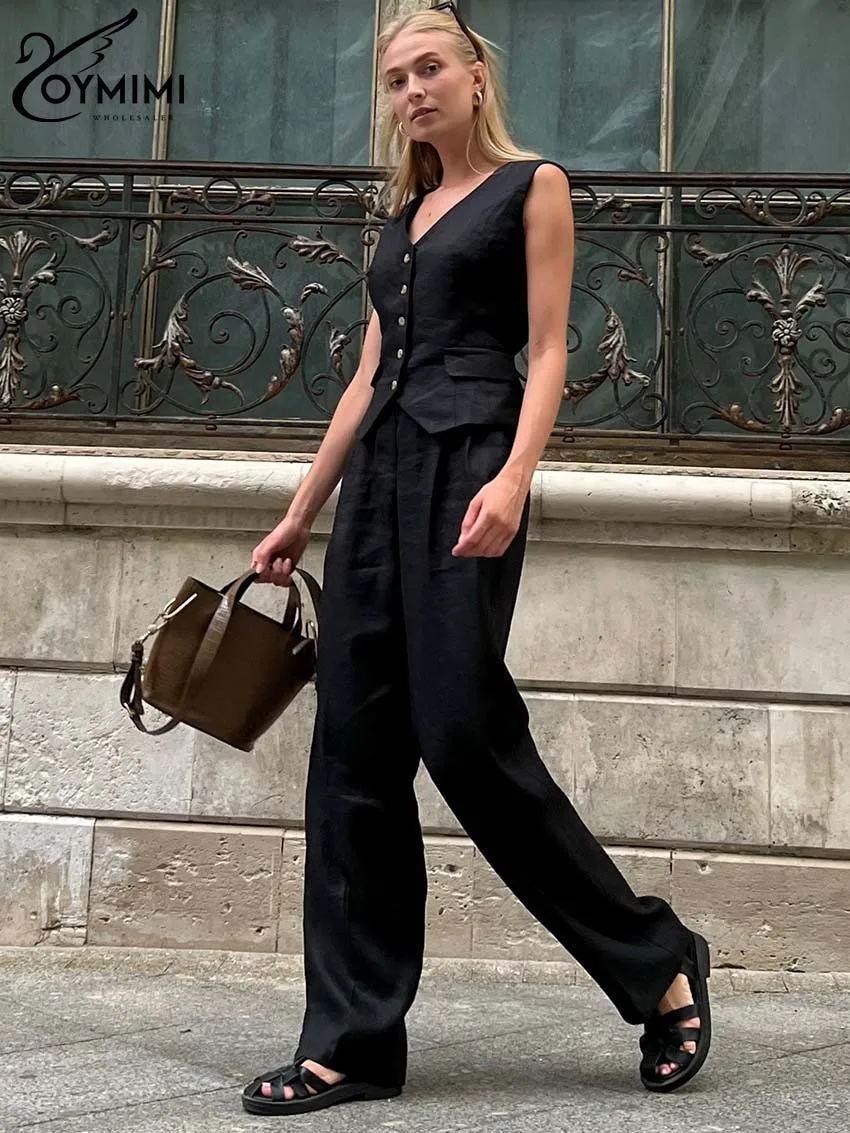 Oymimi Elegant White Two Piece Set For Women Casual V-Neck Sleeveless Button Tops And Simple Straight Trousers Sets Streetwear